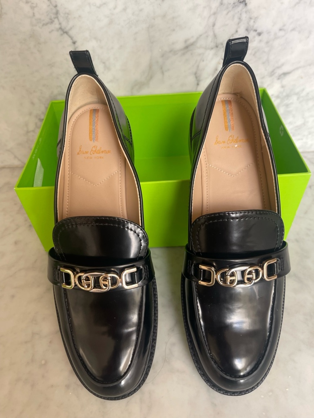 Sam Edelman Black Patent Leather Loafers with Gold Accent
